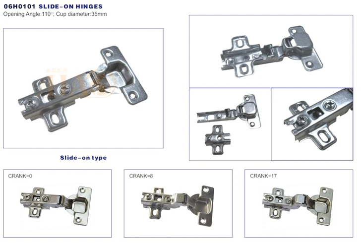 Slide-on Cabinet Hinge, 110° Opening Angle, 35mm Cup, Crank 0/8/17, Iron Silver Furniture Hinge For Cabinet Door high quality